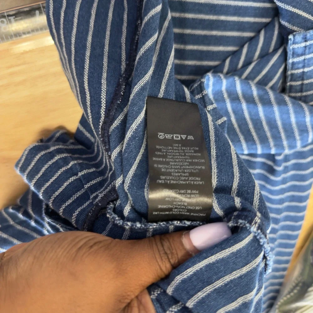 Pilcro Anthropologie Women Midi Skirt 6 Blue Striped Ruched Pull On Side Slit - Picture 8 of 10